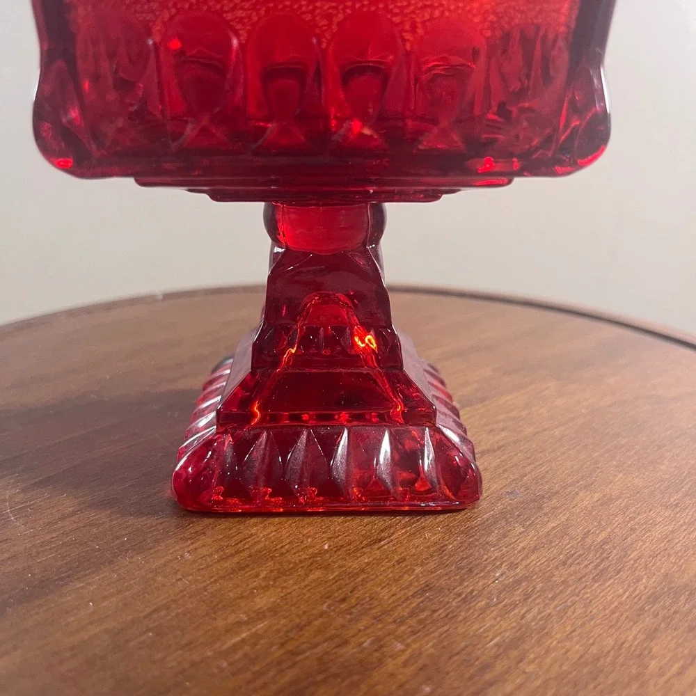 Vtg Jeanette Ruby Red Glass Wedding Cake Box Dish Lidded Footed Pedestal 6.5in